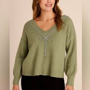 Express | Sage Green Rhinestone Bow Detail Reversible Sweater